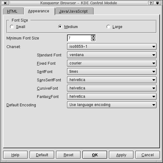 KDE Konqueror default font selection dialog