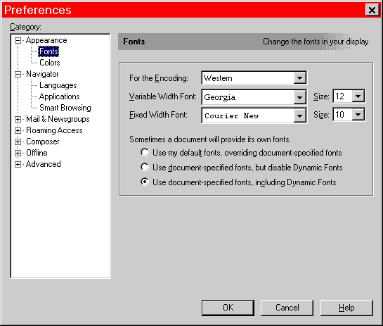 Netscape Communicator 4.x default font selection dialog